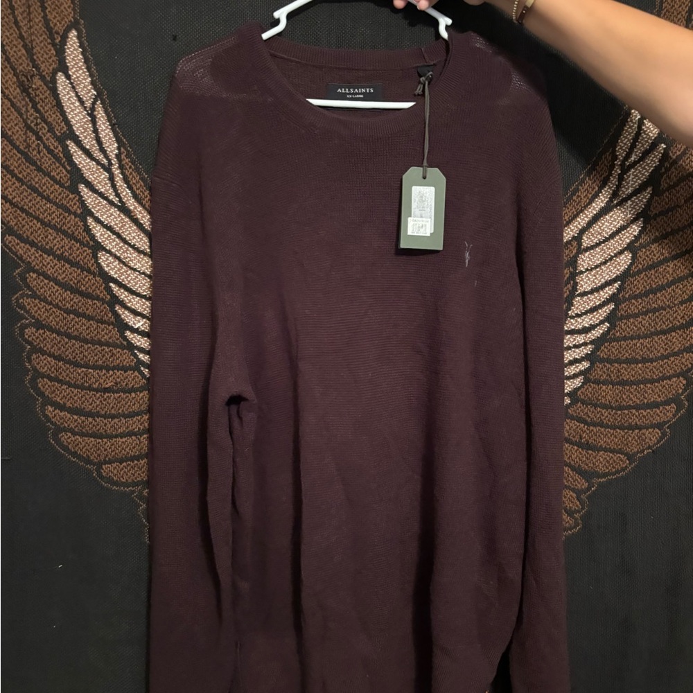 All Saints Men's Dark Purple Crewneck Sweater